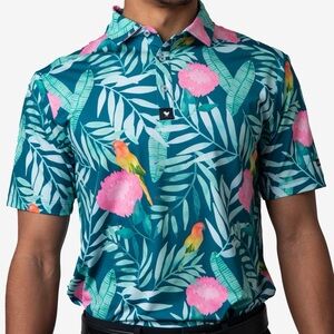 Bad Birdie Flock Boys Men's Tropical Floral Short Sleeve Golf Polo Shirt Medium
